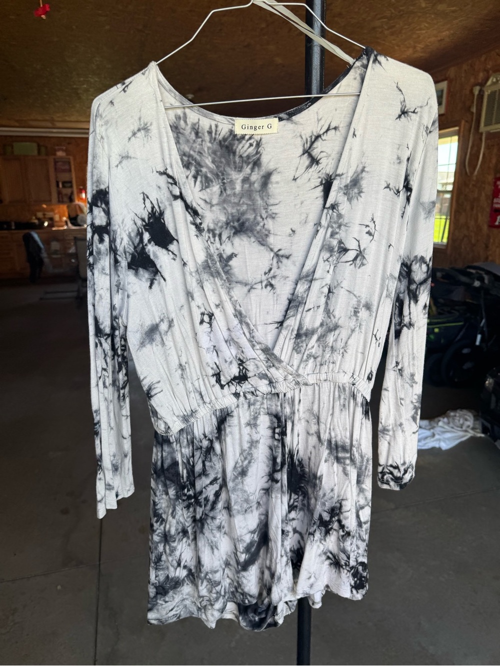 Ginger G Black & White Tie-Dye Long Sleeve Wrap Dress